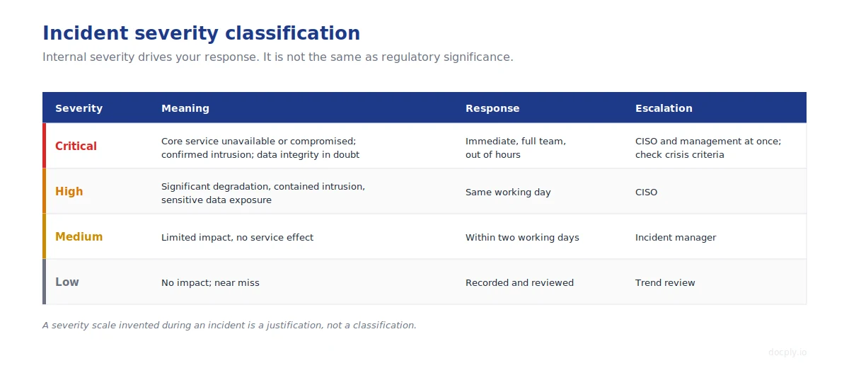 Incident severity classification table with four levels, response times and escalation paths