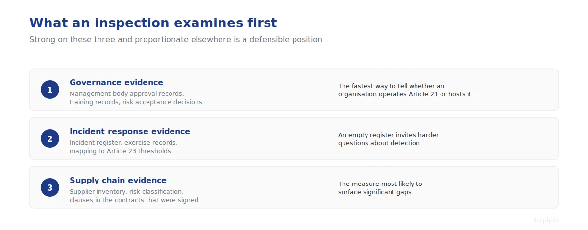 The three evidence areas an inspection examines before anything else